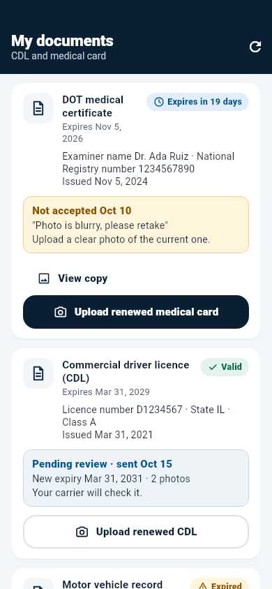 EZ Logs driver app documents screen: a DOT medical certificate expiring soon with a rejected photo to retake, and a renewed CDL pending review by the carrier (demo data)