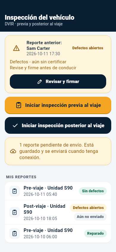 EZ Logs driver app vehicle inspection (DVIR) screen in Spanish: a previous report with open defects to review and sign, buttons for pre-trip and post-trip inspections, and recent reports (demo data)