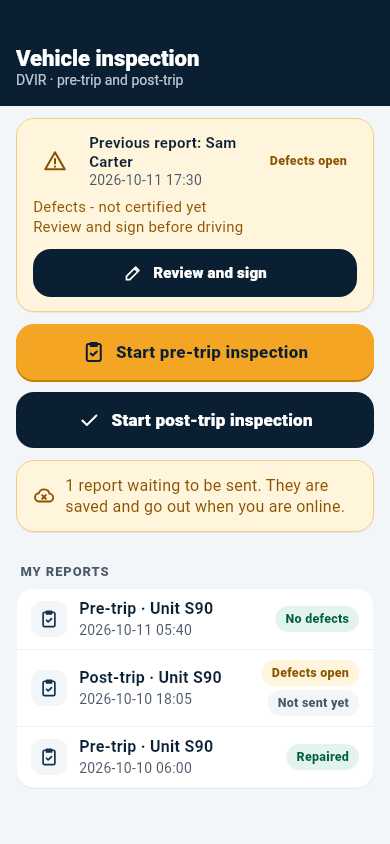 EZ Logs driver app vehicle inspection (DVIR) screen: a previous report with open defects to review and sign, buttons to start a pre-trip or post-trip inspection and the driver's recent reports (demo data)