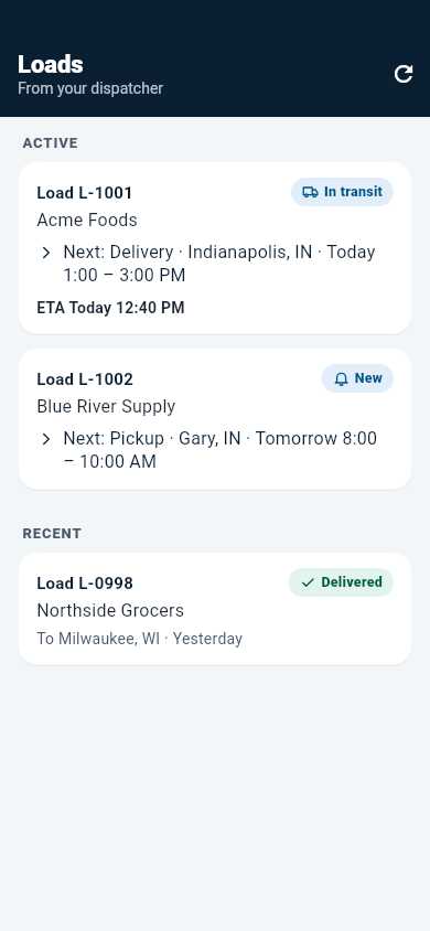 EZ Logs driver app loads list: an active load in transit with the next delivery and ETA, a new load to pick up and a recently delivered load (demo data)