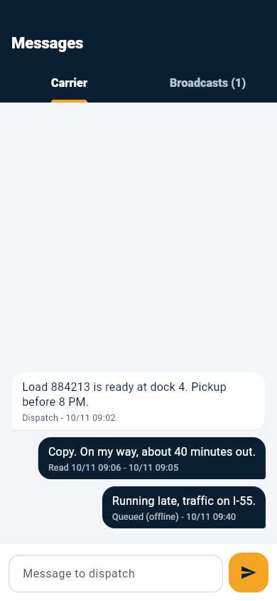 EZ Logs driver app messages: a load note from dispatch and the driver's replies, one queued while offline (demo data)