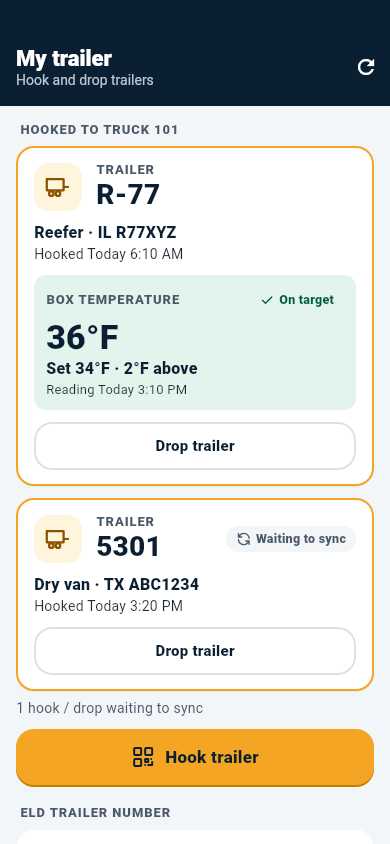 EZ Logs driver app trailer screen: a reefer hooked to truck 101 with its box temperature on target, a dry van hook waiting to sync, and a hook trailer button (demo data)