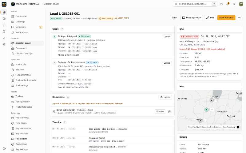 EZ Logs load in transit: pickup and delivery stops with planned, arrived and departed times, an ETA at risk because of hours of service, the bill of lading and a map of the route (demo data)