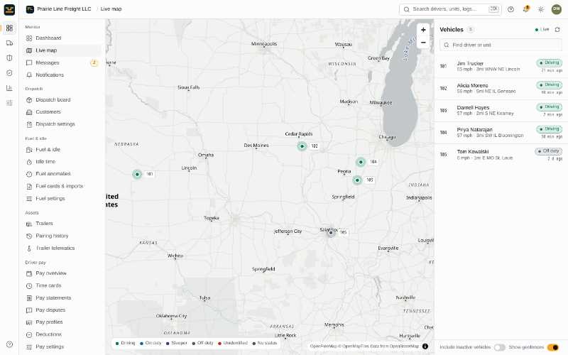 EZ Logs live map: five trucks on a map of the US Midwest, with a vehicle list showing each driver, duty status, speed and last position (demo data)