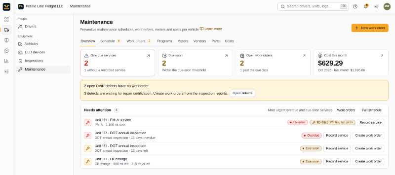 EZ Logs maintenance overview: overdue and due-soon services, open work orders, cost this month and a list of units needing a PM service, DOT annual inspection or oil change (demo data)