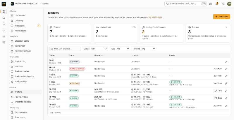 EZ Logs trailers: dry van, reefer, flatbed and chassis trailers with status, the truck each is hooked to, last location and reefer temperatures (demo data)